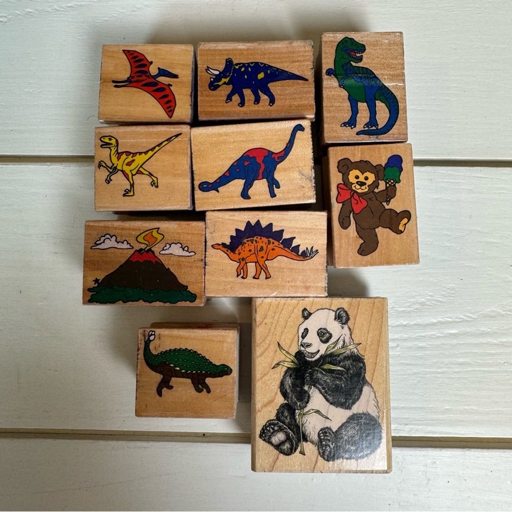 Dinosaur and Bear Wooden Rubber Stamps Lot of 10